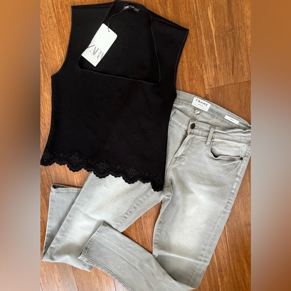 NWT Zara Top Black Sleeveless BodyCon Knit Cutout Cutwork Trim Hem Square Neck - Picture 6 of 6